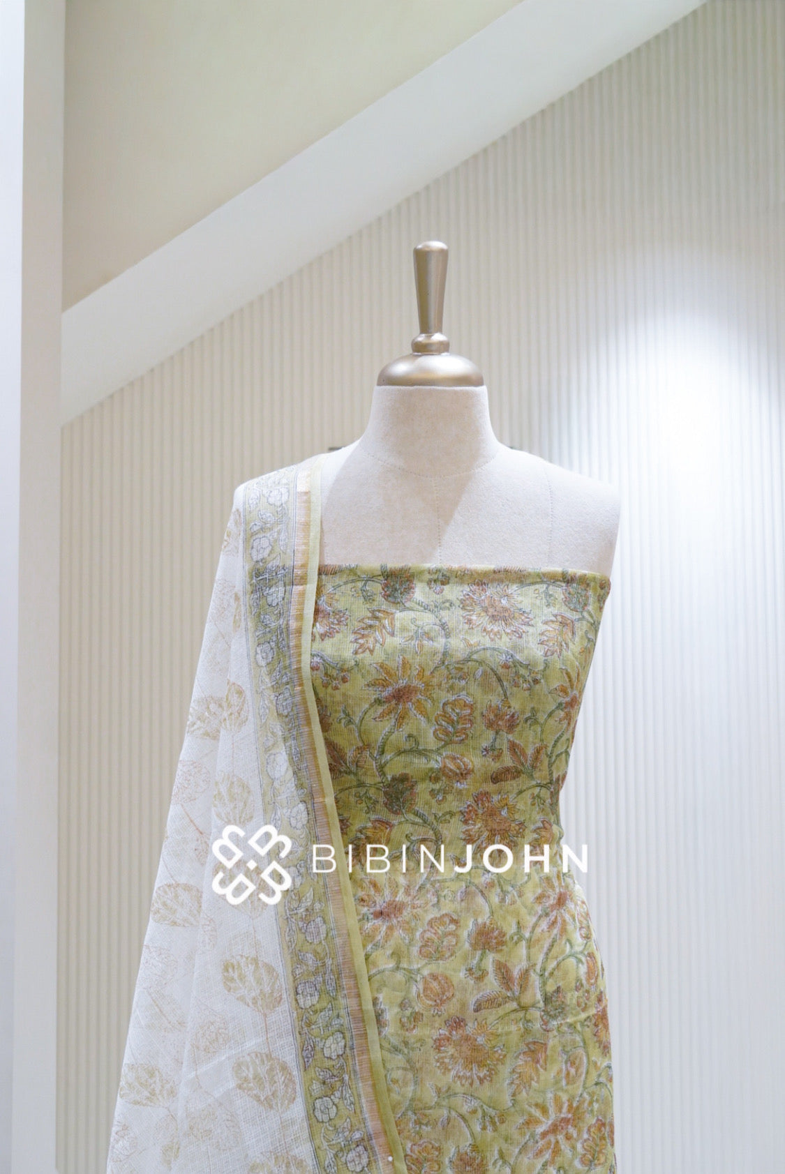 Printed Cotta Unstitched Salwar Suit Material Pastel Yellow Green BJ1704