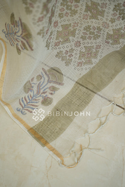 Cotton Cotta Dupatta For Women Ivory White with Sage Green BJ2395