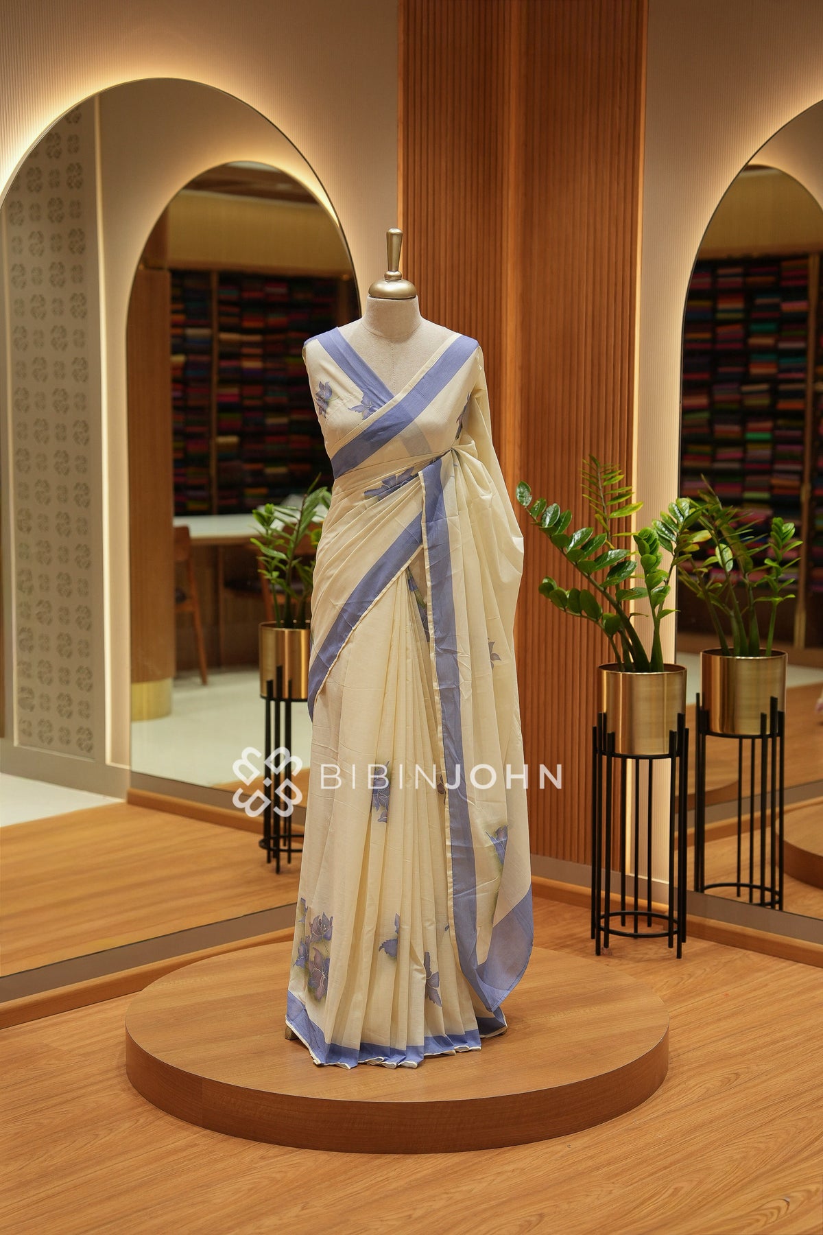 Printed Cotton Saree For Women Cream With Pastel Lavender BJ2537