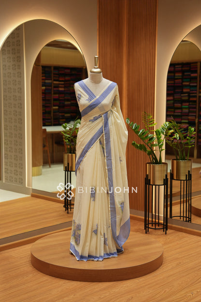 Printed Cotton Saree For Women Cream With Pastel Lavender BJ2537