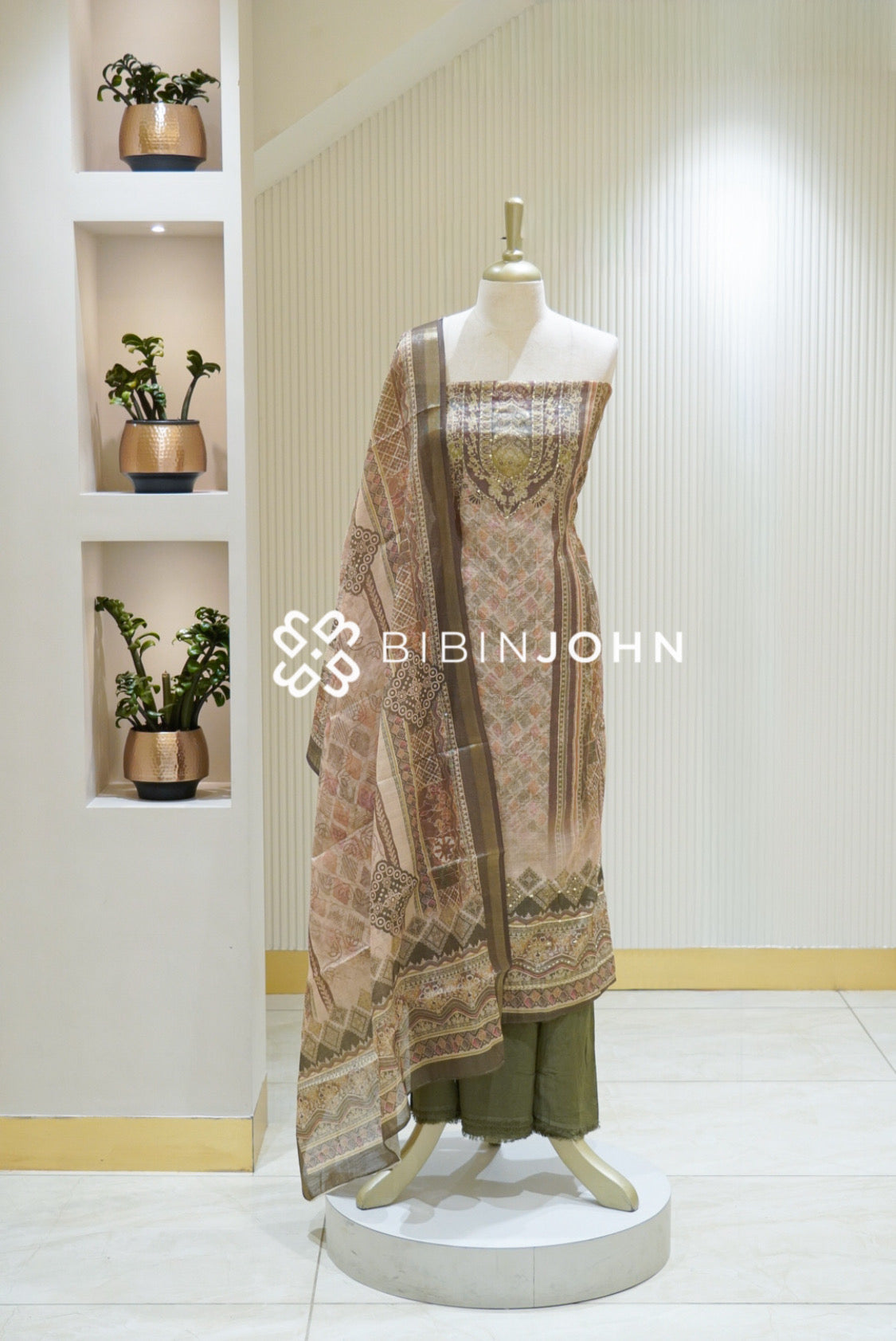 Tissue Linen Embroidery Unstitched Salwar Suit Material Beige With Olive Green BJ2478