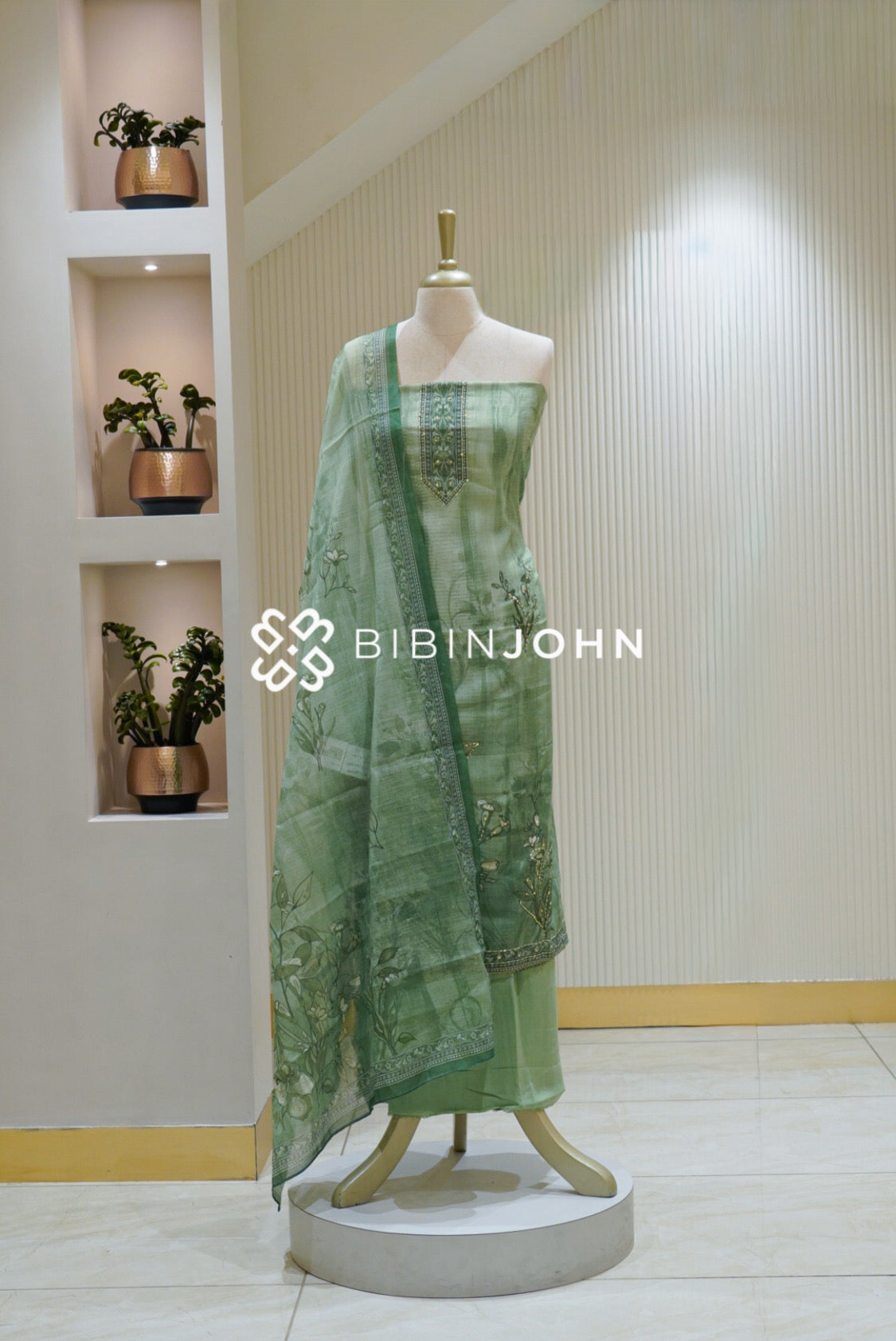 Art Linen Embroidery Unstitched Salwar Suit Material Sage Green BJ2605