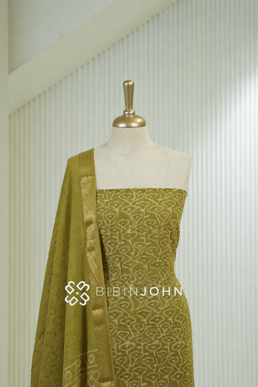 Printed Cotton Unstitched Salwar Suit Material Mustard Olive Green BJ1808