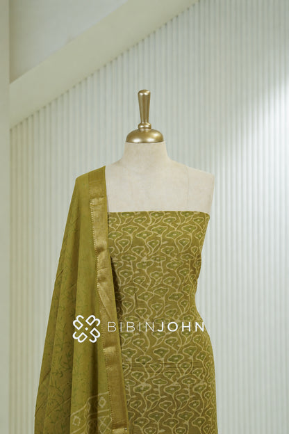 Printed Cotton Unstitched Salwar Suit Material Mustard Olive Green BJ1808
