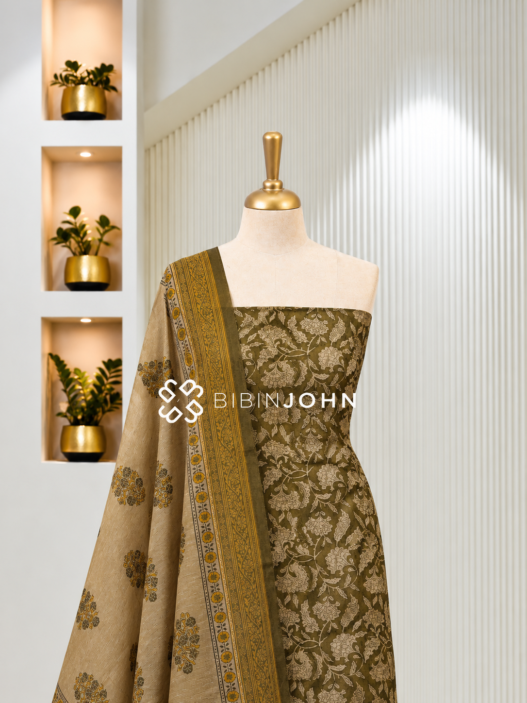 Printed Chanderi Unstitched Salwar Suit Dress Material Olive Green BJ1824