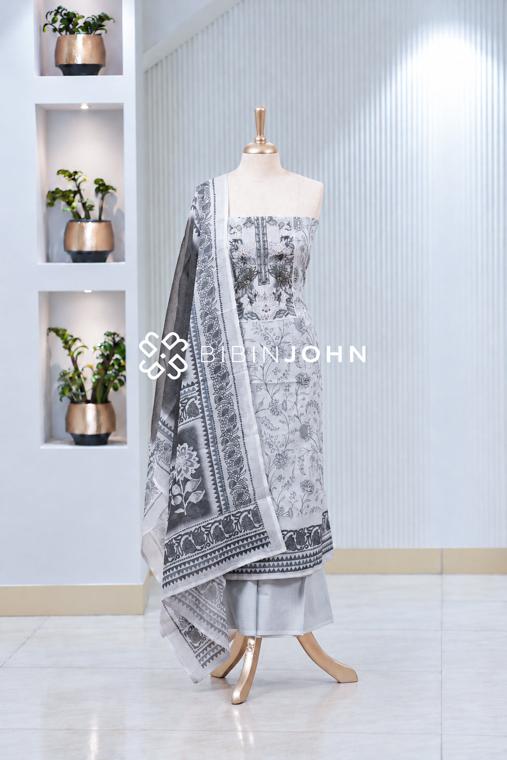 Chanderi Embroidery Unstitched Salwar Suit Material Light Grey BJ2023