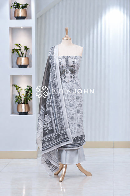Chanderi Embroidery Unstitched Salwar Suit Material Light Grey BJ2023