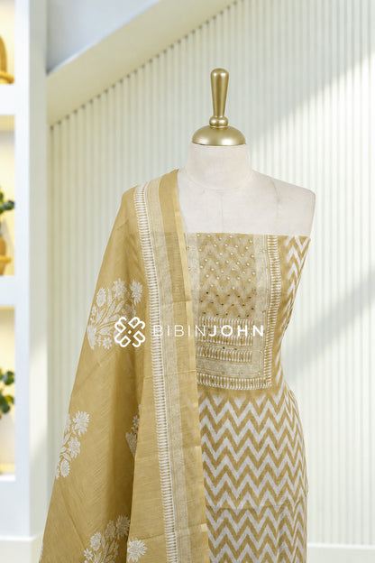 Chanderi Embroidery Unstitched Salwar Suit Material Muted Mustard Gold BJ1841