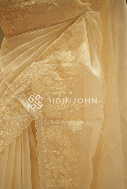 Organza Embroidery Saree Butter-Yellow BJ1020