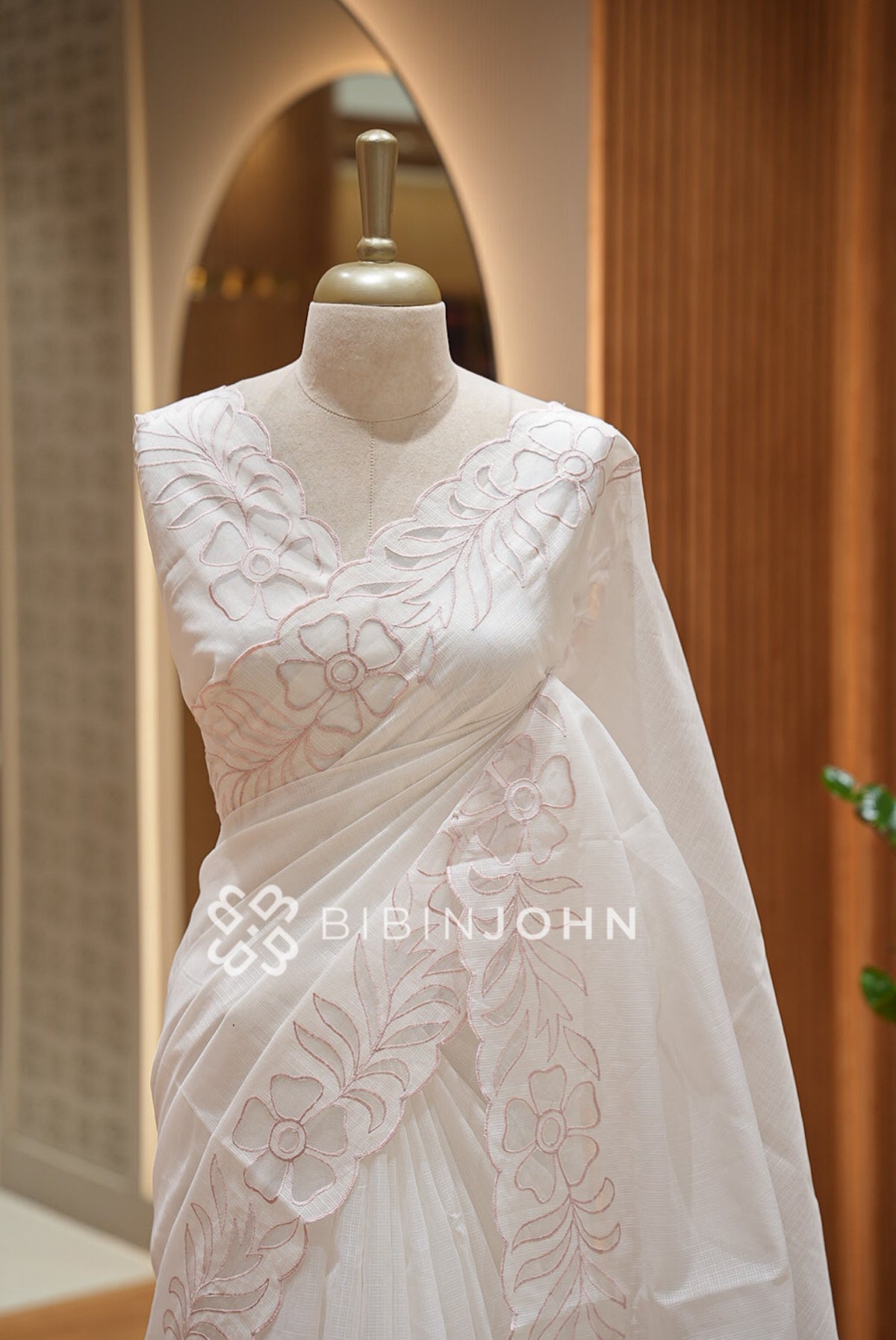 Cotta Embroidery Saree Ivory & Blush Pink BJ1053