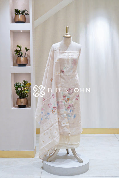 Silk Embroidery Unstitched Salwar Suit Material Off White BJ1716