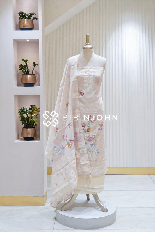Silk Embroidery Unstitched Salwar Suit Material Off White BJ1716