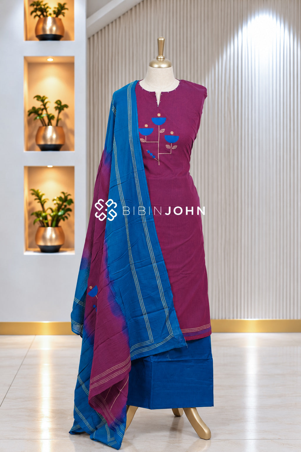 Cotton Embroidery Semistitched Salwar Suit Material Deep Magenta Purple BJ1943