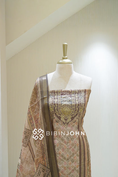 Tissue Linen Embroidery Unstitched Salwar Suit Material Beige With Olive Green BJ2478