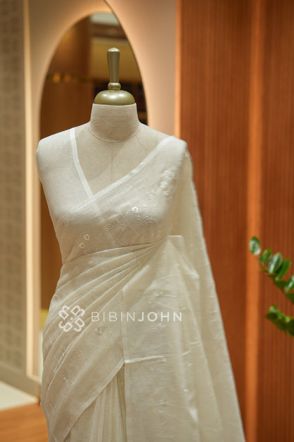 Linen Embroidery Saree For Women Ivory White BJ2461