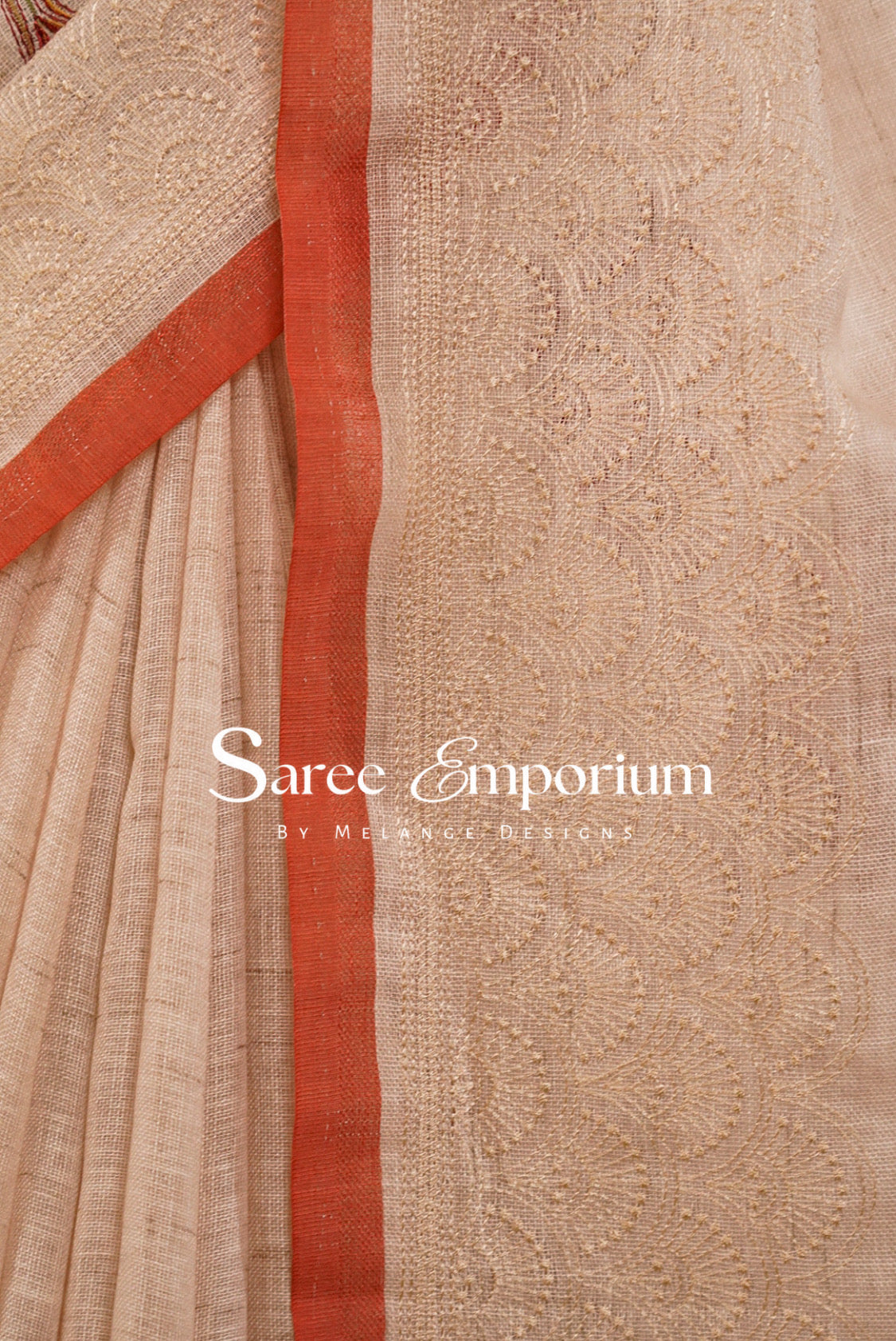 Art Linen Embroidery Saree For Women Beige & Brick BJ057