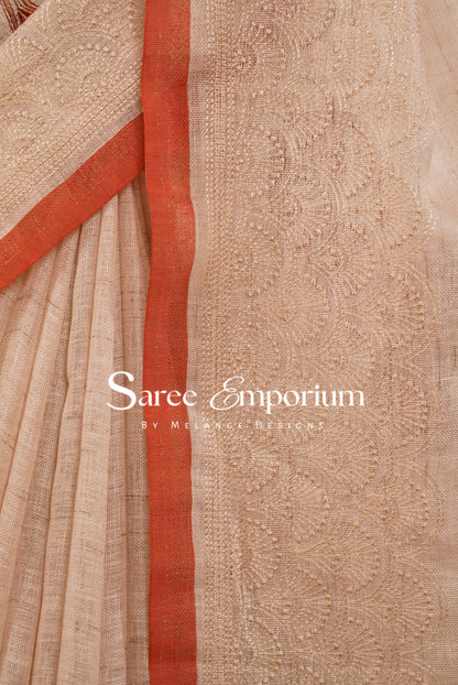 Art Linen Embroidery Saree For Women Beige & Brick BJ057