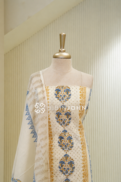 Cotton Hakoba Unstitched Salwar Suit Material Off White BJ1789