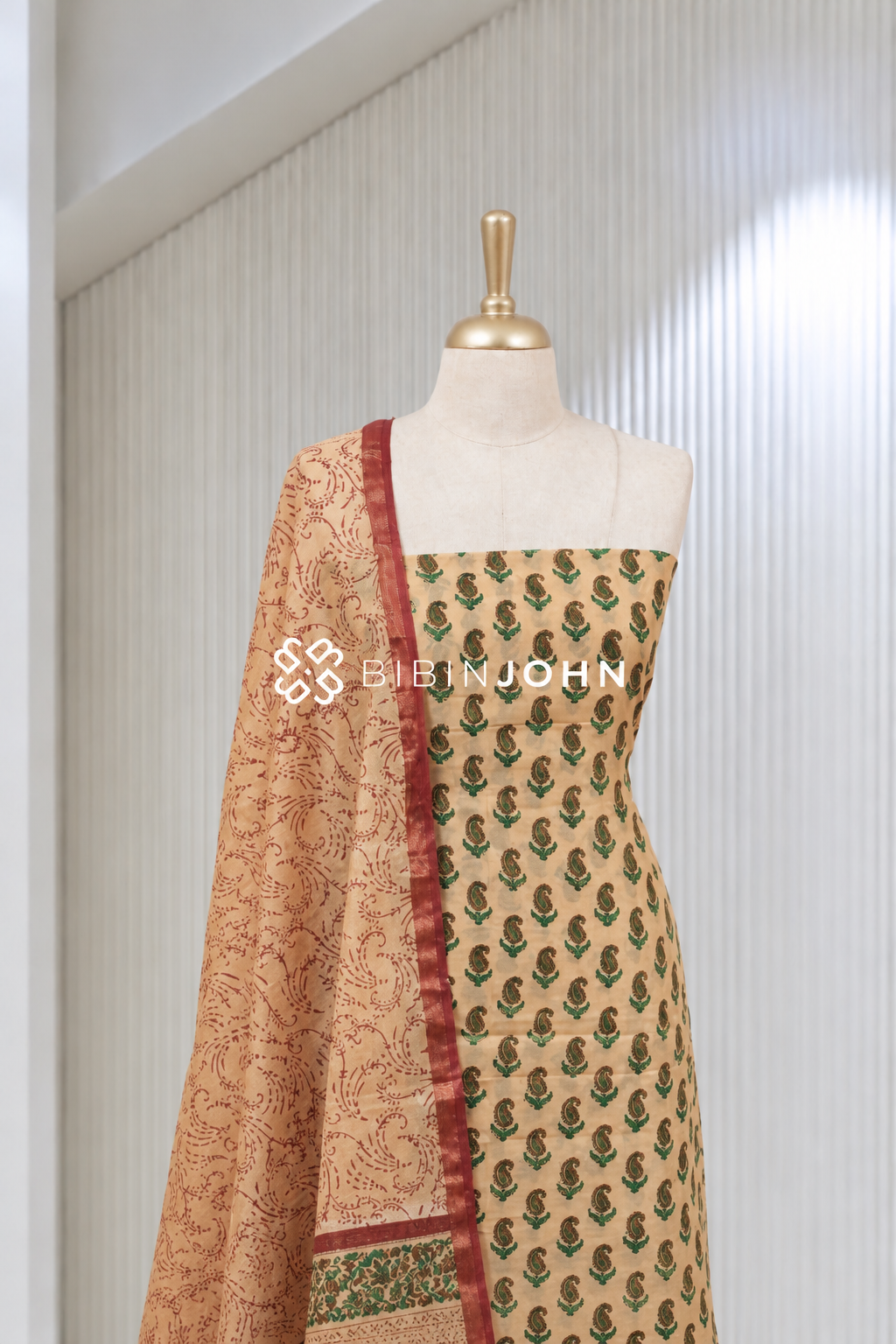 Printed Chanderi Unstitched Salwar Suit Material Peach Beige BJ1926