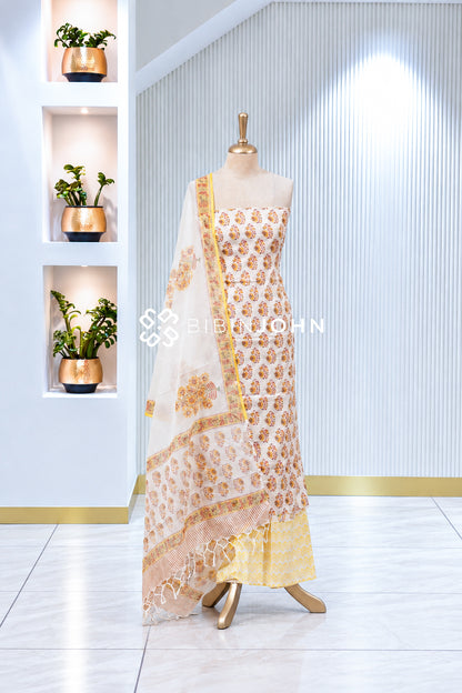 Printed Cotton Unstitched Salwar Suit Material Ivory White BJ2013