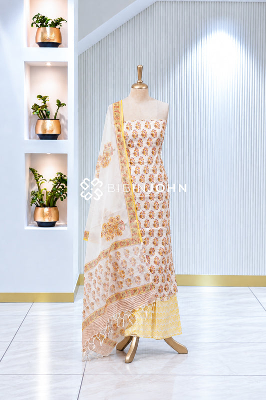 Printed Cotton Unstitched Salwar Suit Material Ivory White BJ2013
