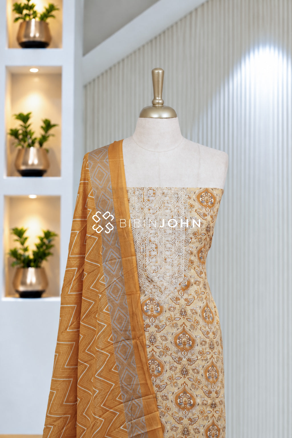 Cotton Embroidery Unstitched Salwar Suit Material Ivory Cream BJ2041