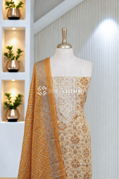 Cotton Embroidery Unstitched Salwar Suit Material Ivory Cream BJ2041