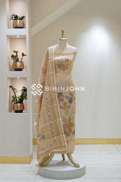 Tissue Linen Embroidery Unstitched Salwar Suit Material Cream With Golden Beige BJ2467