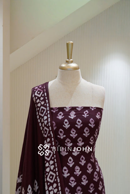 Semi Silk Batik Printed Salwar Suit Material Deep Burgundy Maroon BJ2159