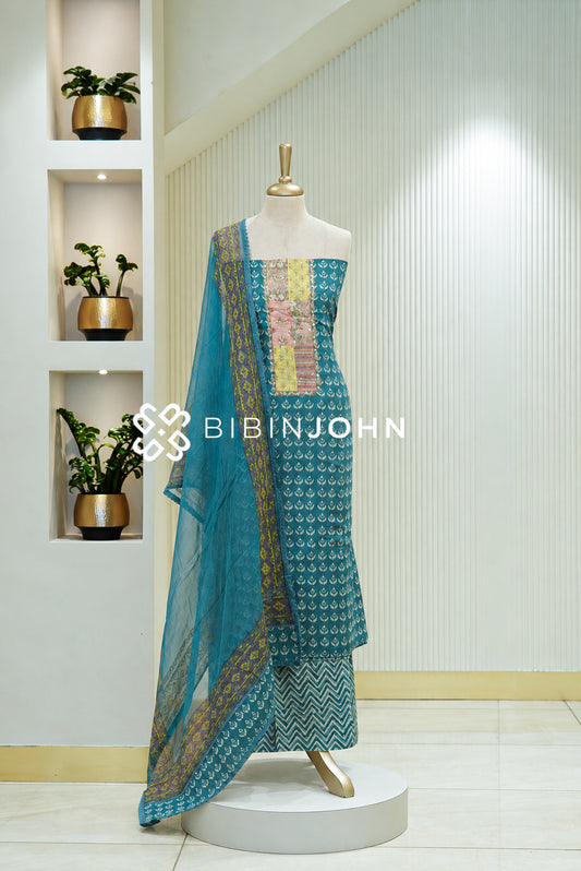 Cotton Embroidery Unstitched Salwar Suit Material  Peacock Teal Blue BJ1805