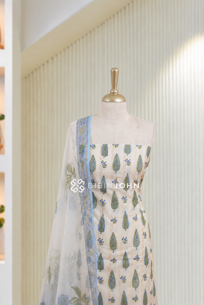 Printed Cotton Unstitched Salwar Suit Material Ivory White with Powder Blue BJ1837