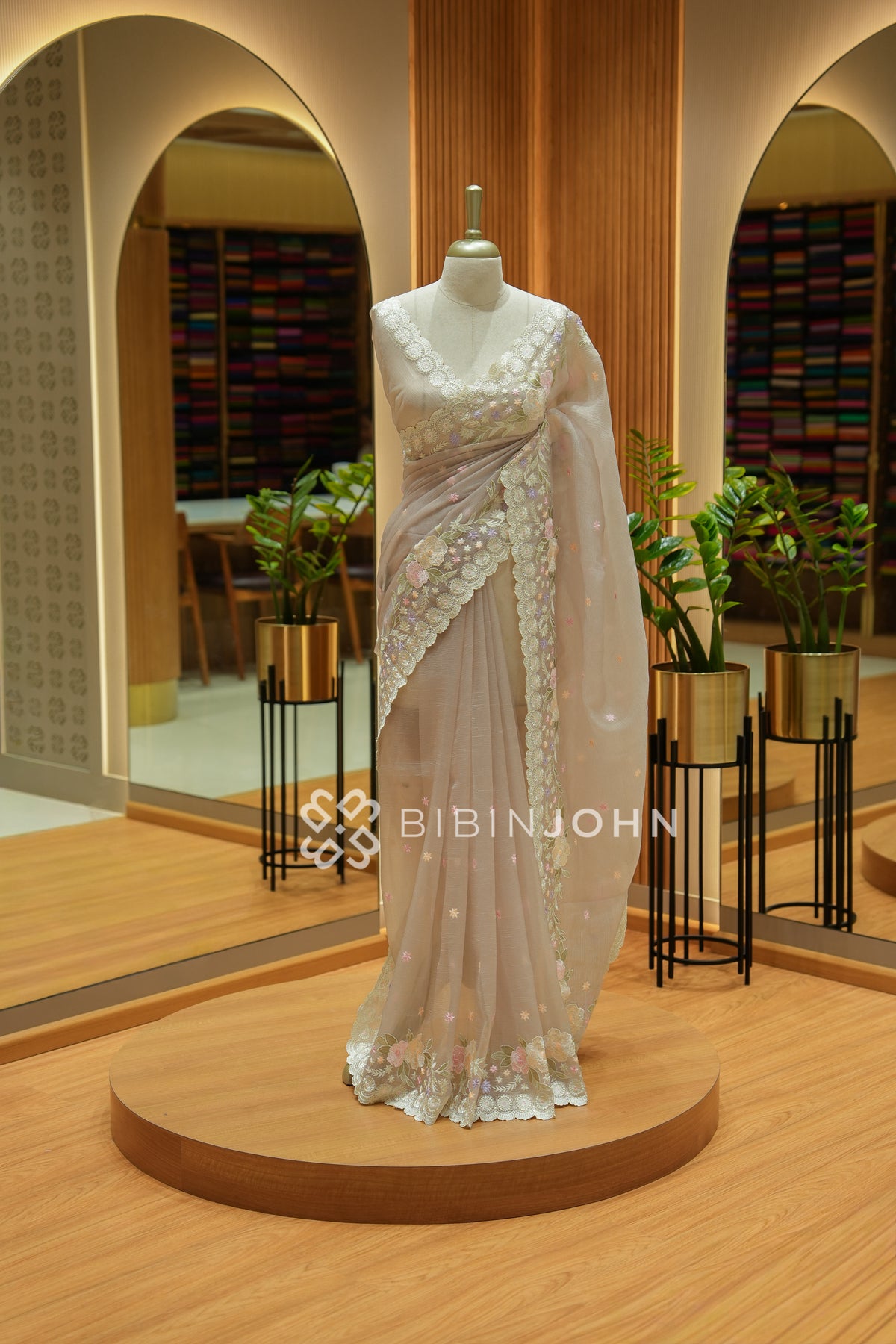 Tissue Embroidery Saree For Women Champagne Beige BJ2335