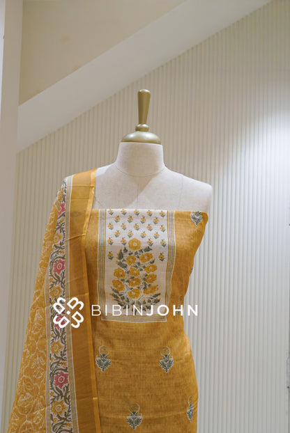 Printed Linen Cotton Unstitched Salwar Suit Material Mustard Yellow BJ2619