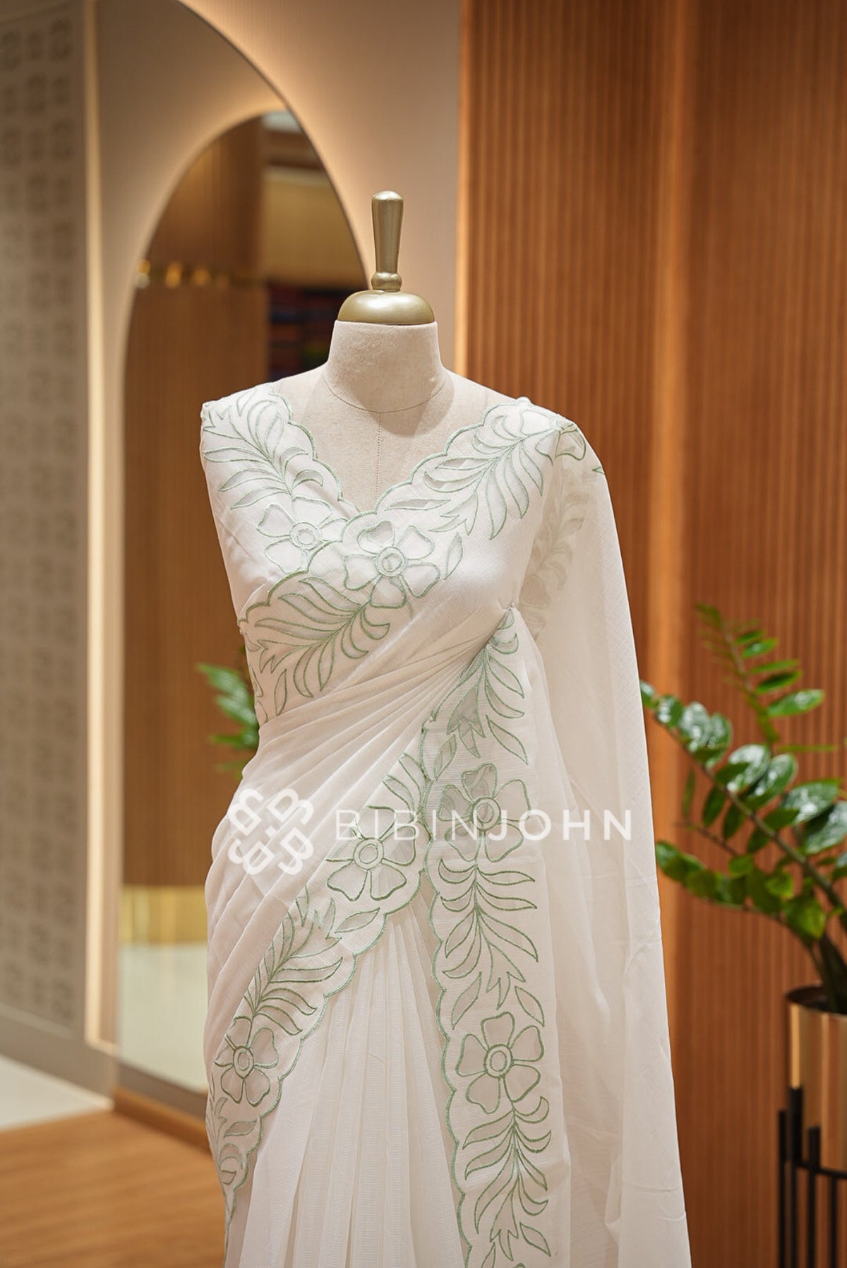 Cotta Embroidery Saree Ivory & Mint Green BJ1051