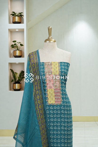 Cotton Embroidery Unstitched Salwar Suit Material  Peacock Teal Blue BJ1805