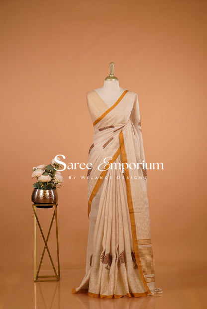 Art Linen Embroidery Saree For Women Beige & Yellow BJ0572