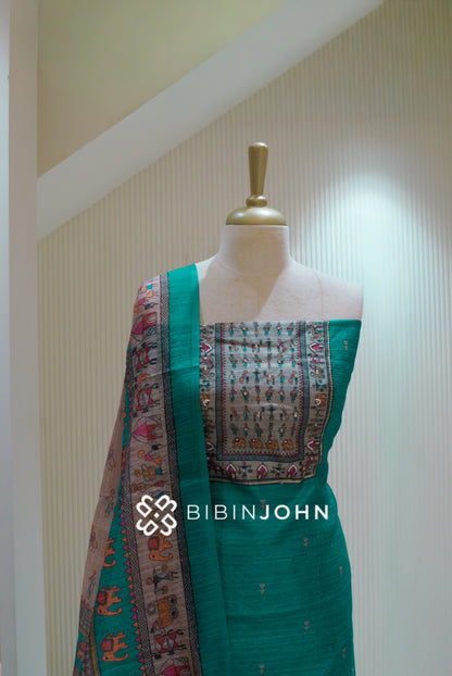 Semi Silk Embroidery Unstitched Salwar Suit Material Teal Green BJ2518
