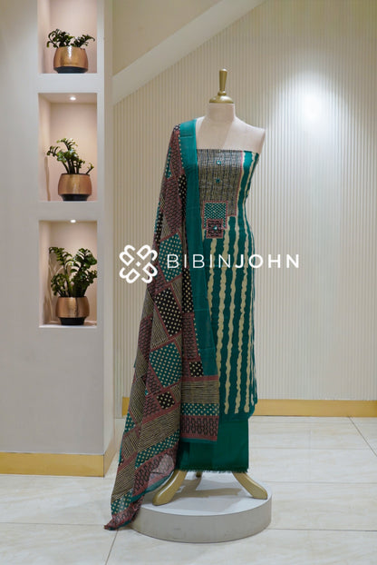 Cotton Embroidery Unstitched Salwar Suit Material Teal Green BJ2251
