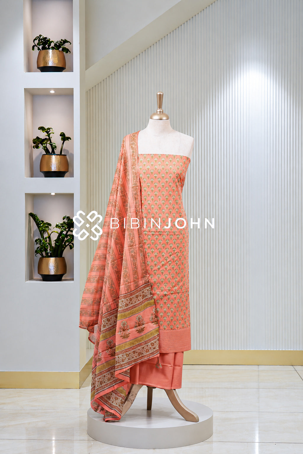Printed Cotton Unstitched Salwar Suit Material Coral Peach BJ1955