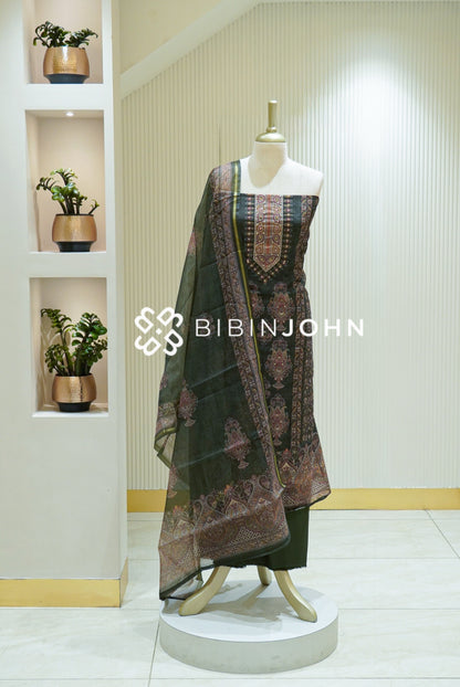 Semi Silk Embroidery Unstitched Salwar Suit Material Dark Olive Green BJ2850