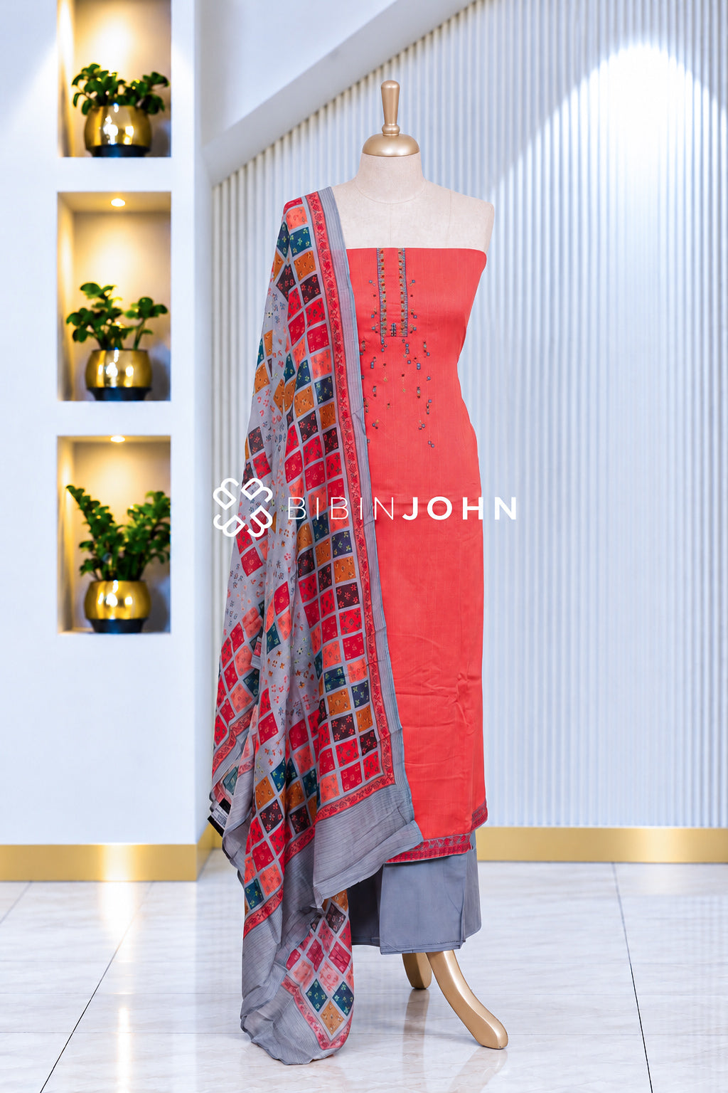 Cotton Embroidery Unstitched Salwar Suit Material Coral Pink BJ2079