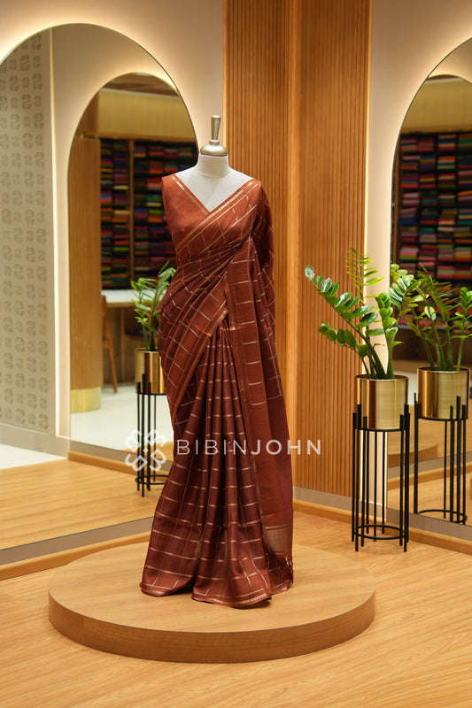 Semi Tussar Weaving Saree For Women Rust Brown BJ2330