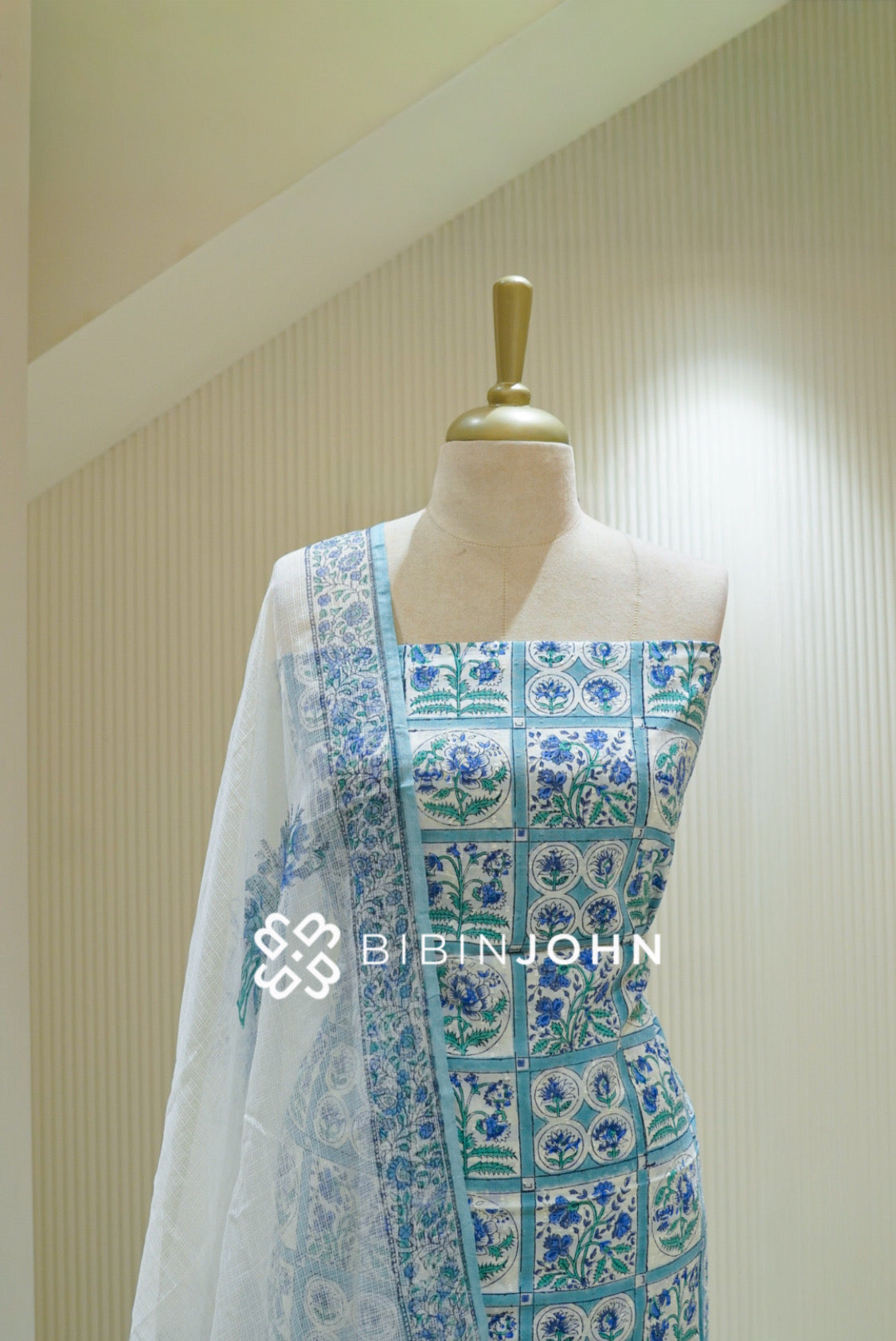Printed Cotton Unstitched Salwar Suit Material Off White With Sky Blue BJ2834