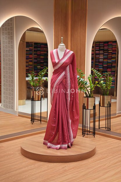 Chanderi Lace Border Saree For Women Rose Pink BJ0841