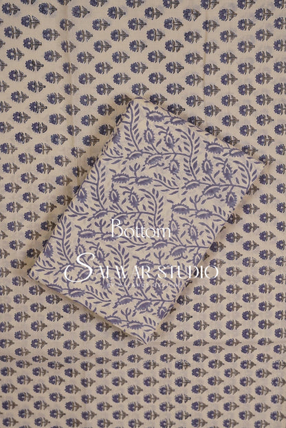 Printed Cotton Unstitched Salwar Suit Dress Material Off-White With Dusty Periwinkle Blue AC0188