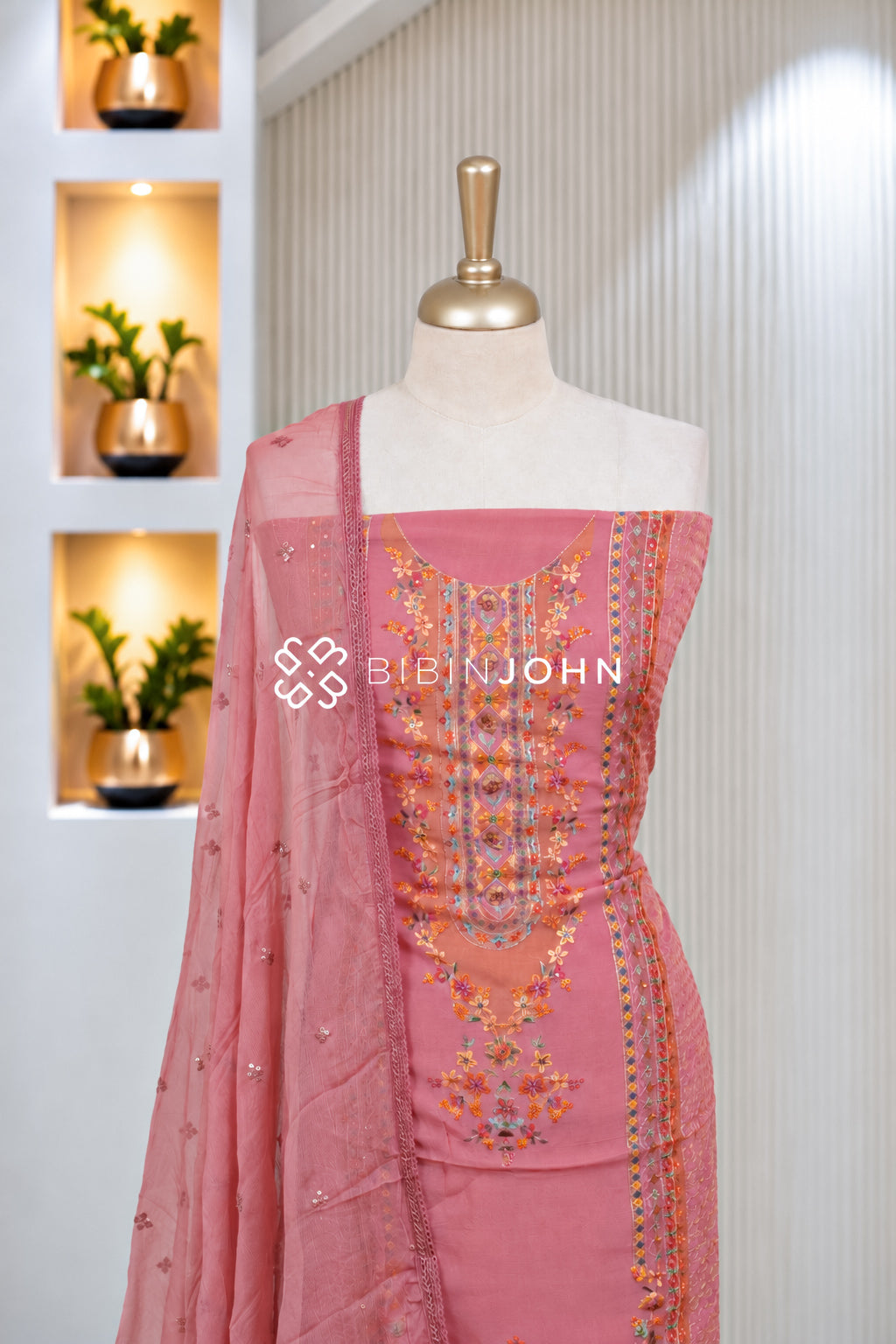 Organza Embroidery Unstitched Salwar Suit Material Dusty Rose Pink BJ1941