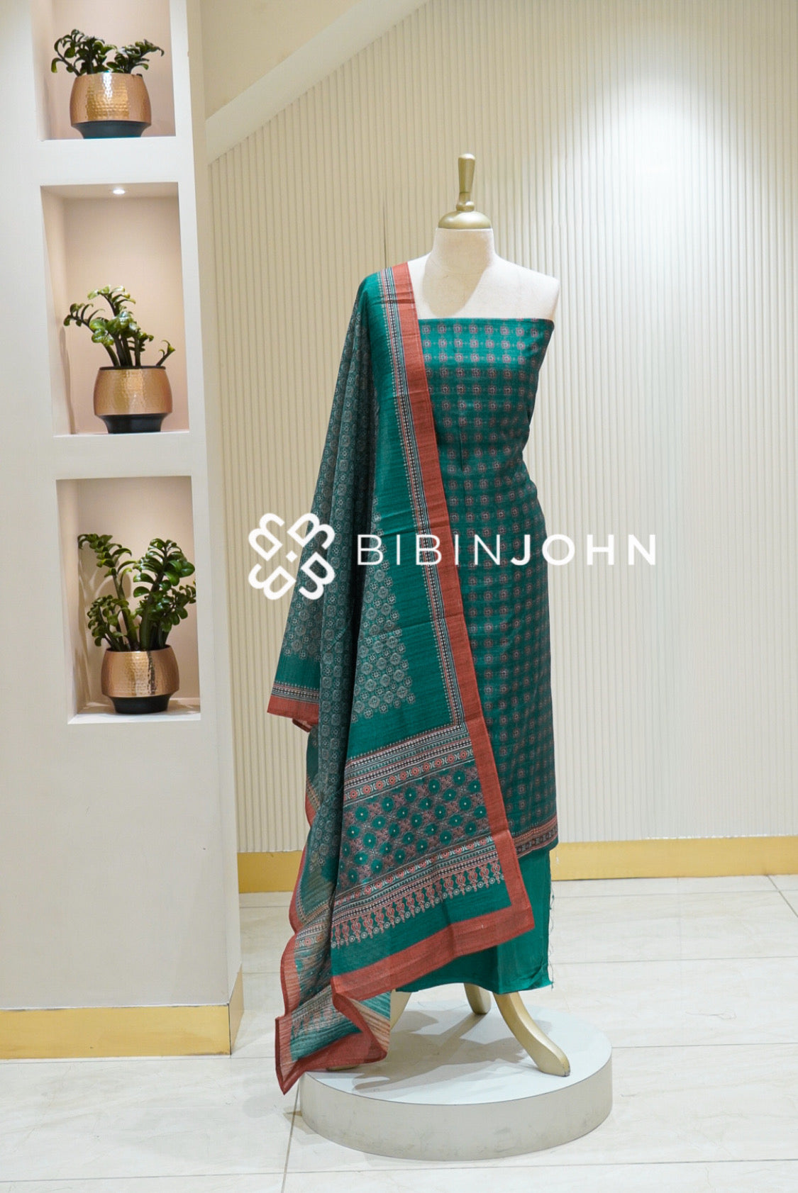 Printed Chanderi Unstitched Salwar Suit Material Peacock Green BJ2844