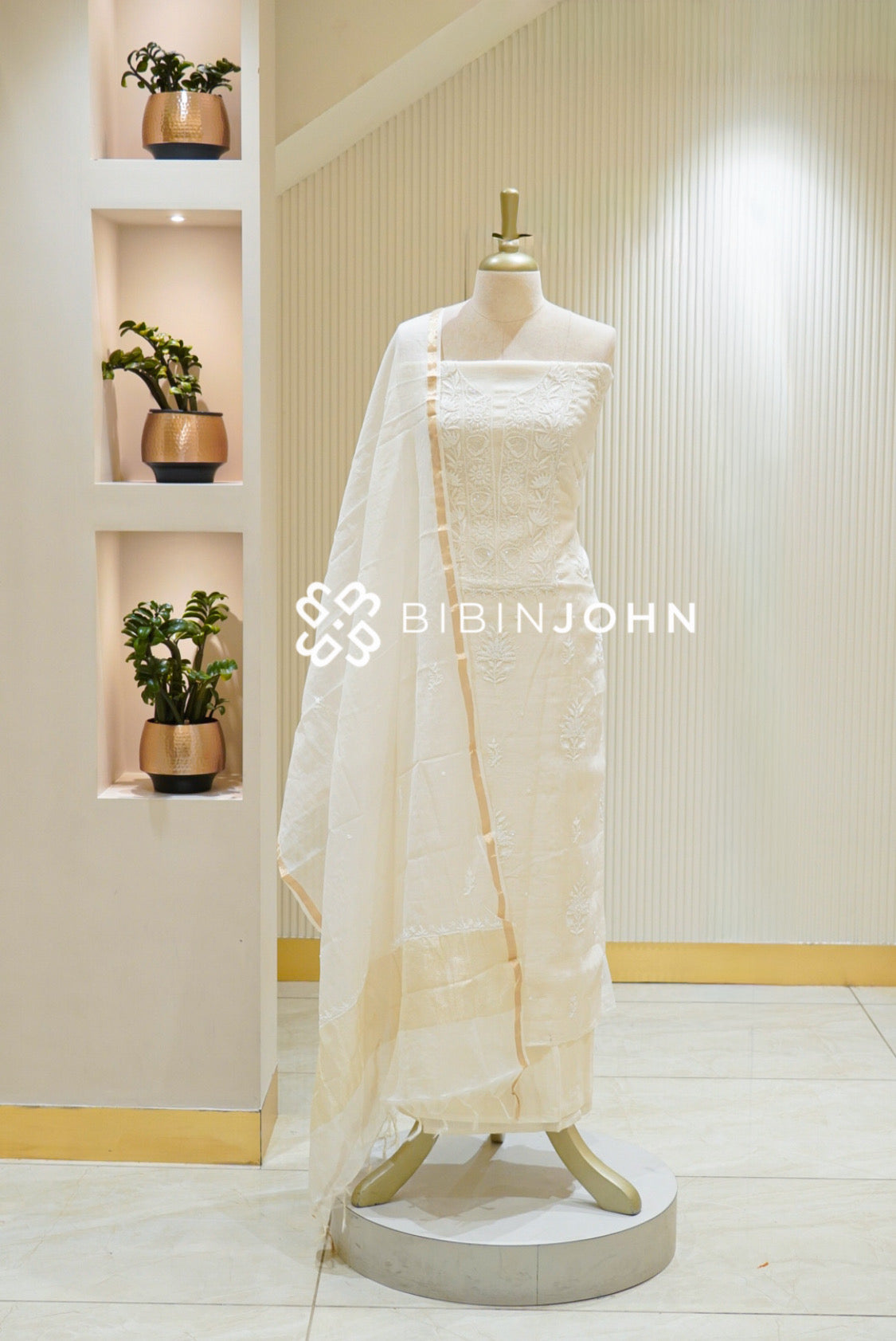 Chanderi Embroidery Unstitched Salwar Suit Material Ivory White BJ2750