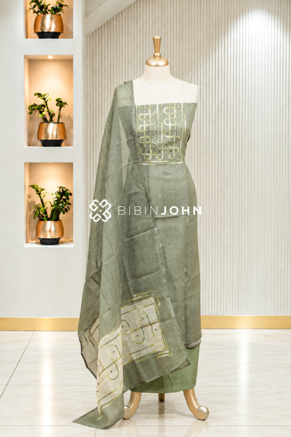 Art Linen Embroidery Unstitched Salwar Suit Material Muted Sage Green BJ1937