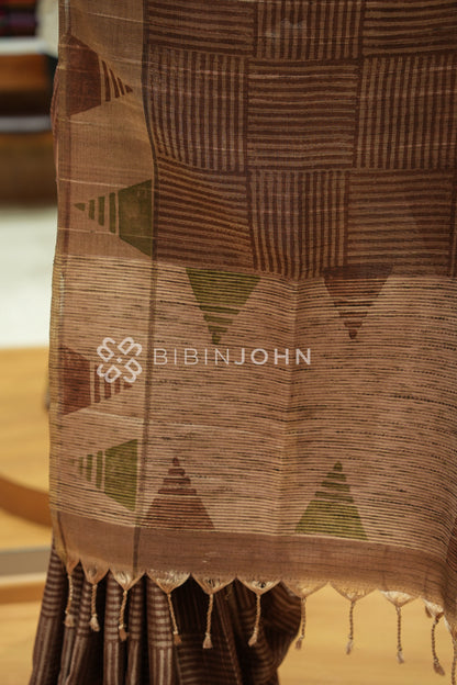 Printed Semi Tussar Saree For Women Earthy Taupe Brown BJ2458